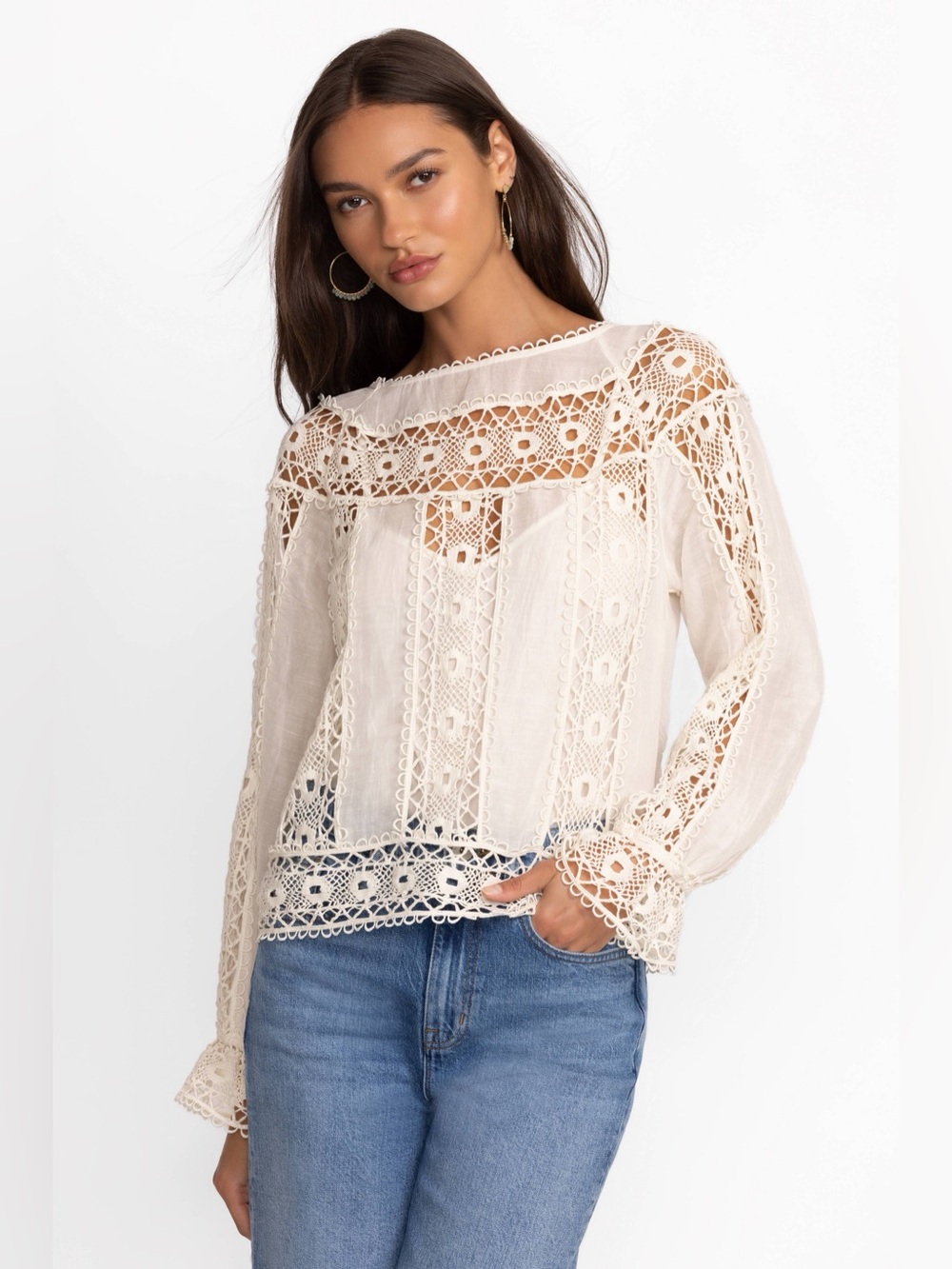 JADE JOHNNY WAS DANILA ECRU LACE BOHO CROCHET ROMANTIC LACE TOP BLOUSE SZ L - Picture 3 of 8